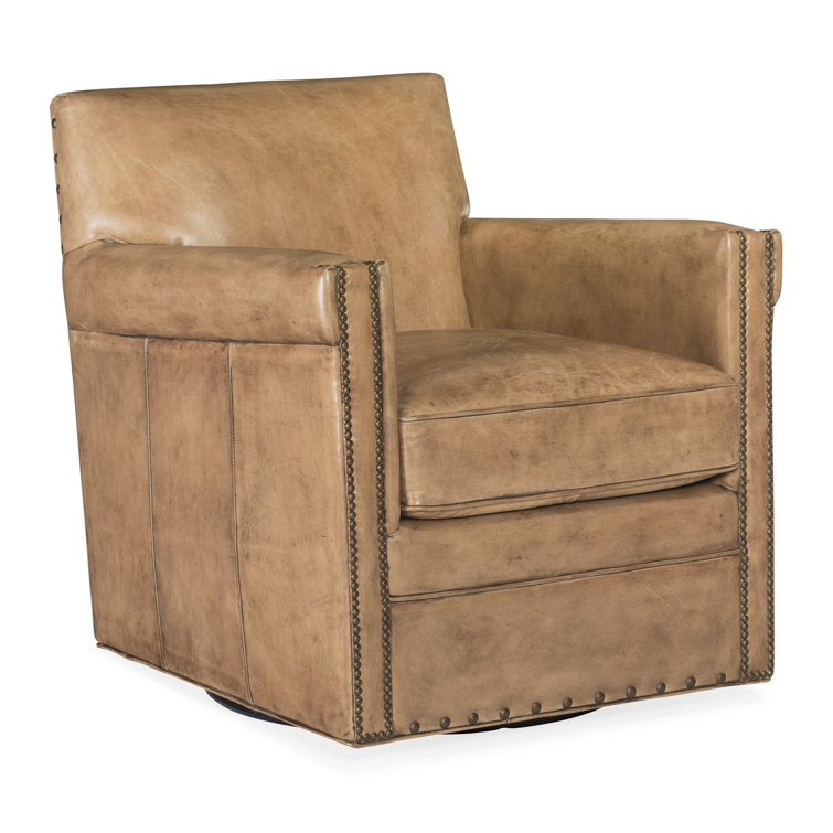 Brown Genuine Leather Swivel Club Chair with Nailhead Trim
