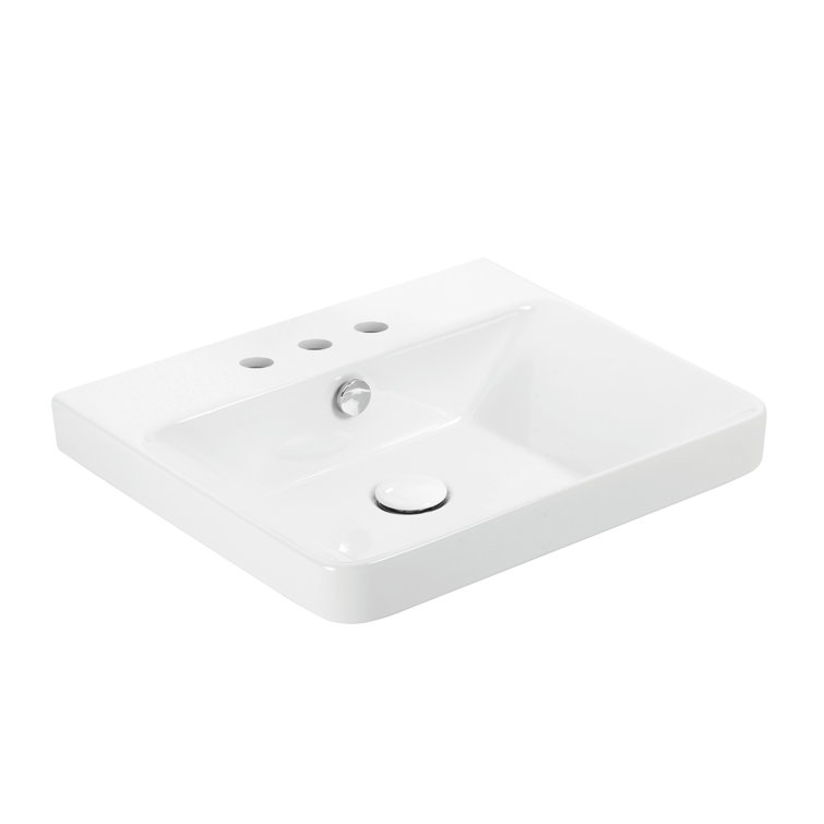 Glossy White Ceramic Rectangular Wall-Mount Bathroom Sink