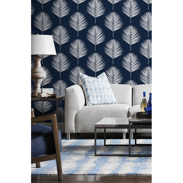 Midnight Blue and White Vinyl Palm Leaf Peel and Stick Wallpaper