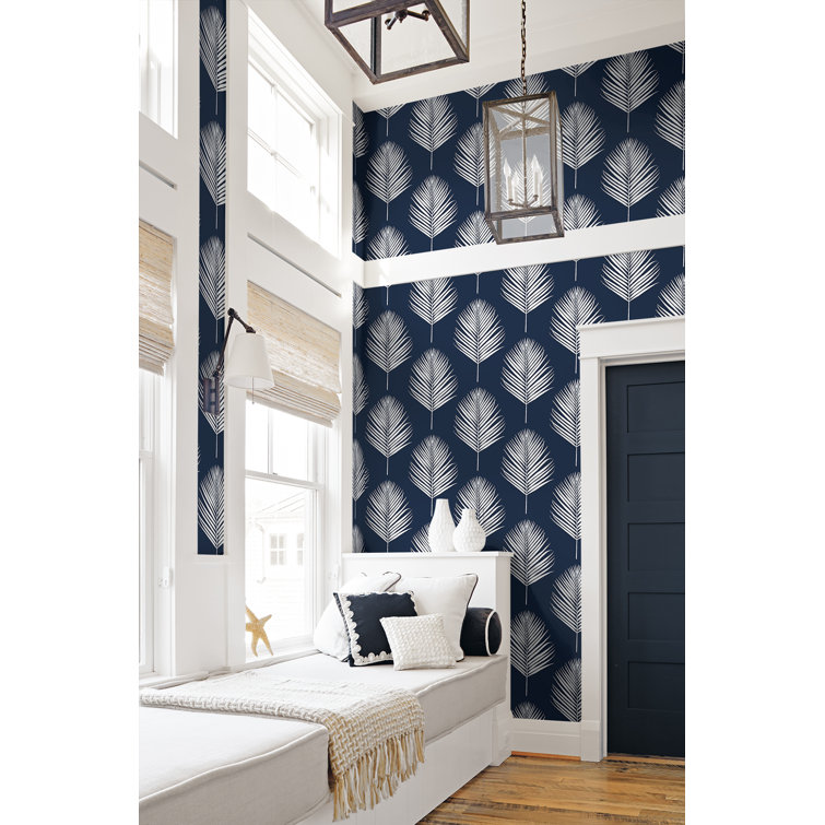 Midnight Blue and White Vinyl Palm Leaf Peel and Stick Wallpaper
