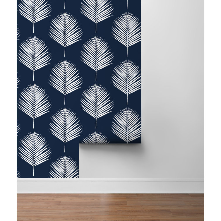 Midnight Blue and White Vinyl Palm Leaf Peel and Stick Wallpaper