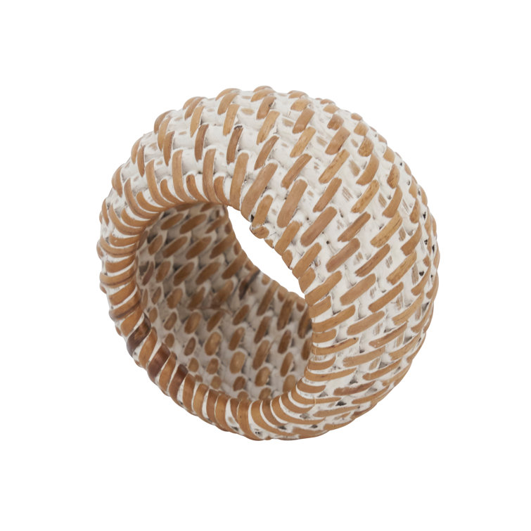 Hand-Woven White and Natural Rattan Napkin Rings, Set of 4