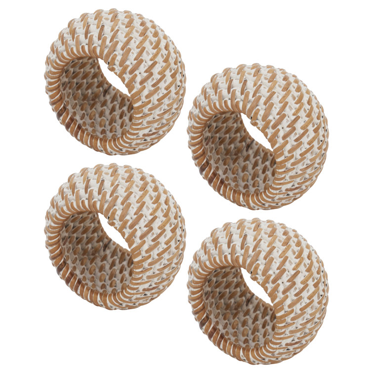 Hand-Woven White and Natural Rattan Napkin Rings, Set of 4