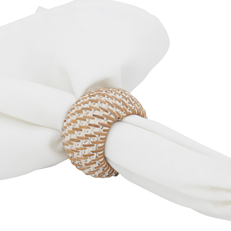 Hand-Woven White and Natural Rattan Napkin Rings, Set of 4