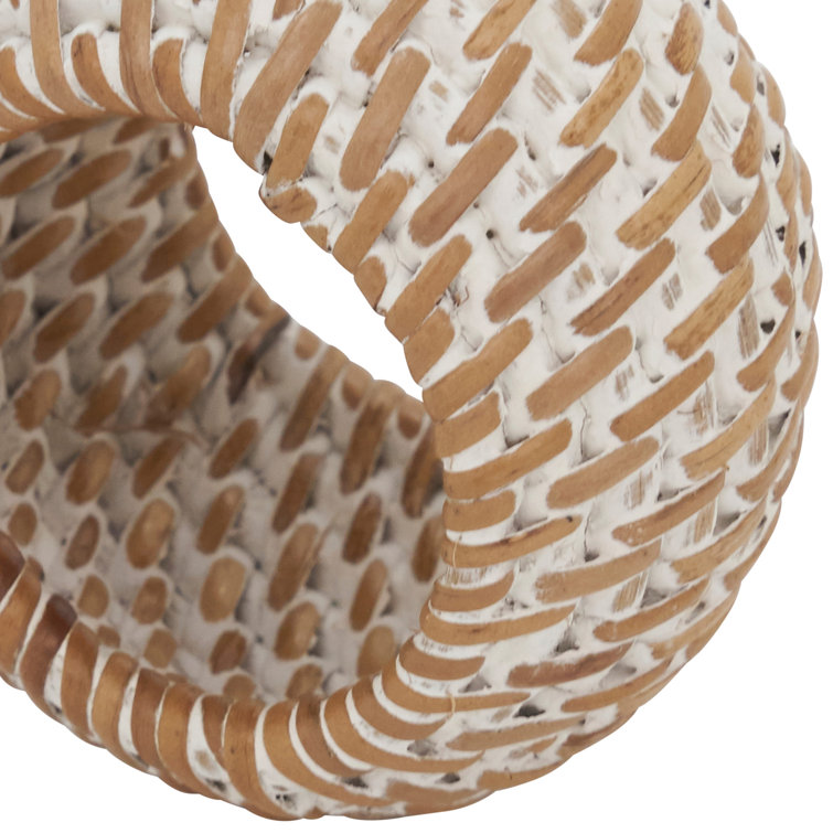 Hand-Woven White and Natural Rattan Napkin Rings, Set of 4