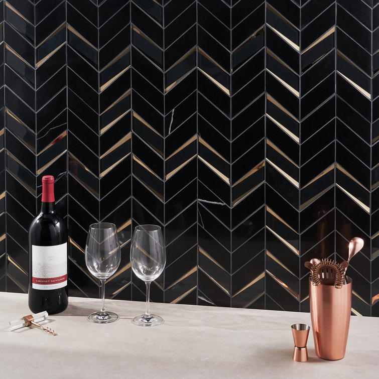 Verona Polished Black Marble Chevron Mosaic Tile