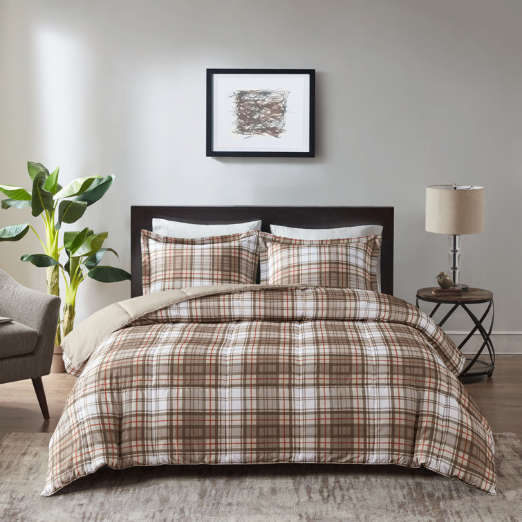 King Brown Plaid Microfiber Reversible Comforter Set