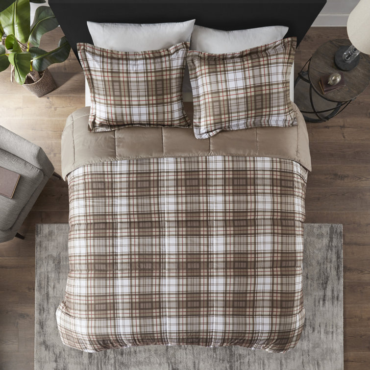 King Brown Plaid Microfiber Reversible Comforter Set