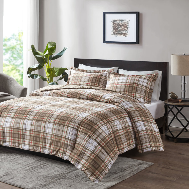 King Brown Plaid Microfiber Reversible Comforter Set