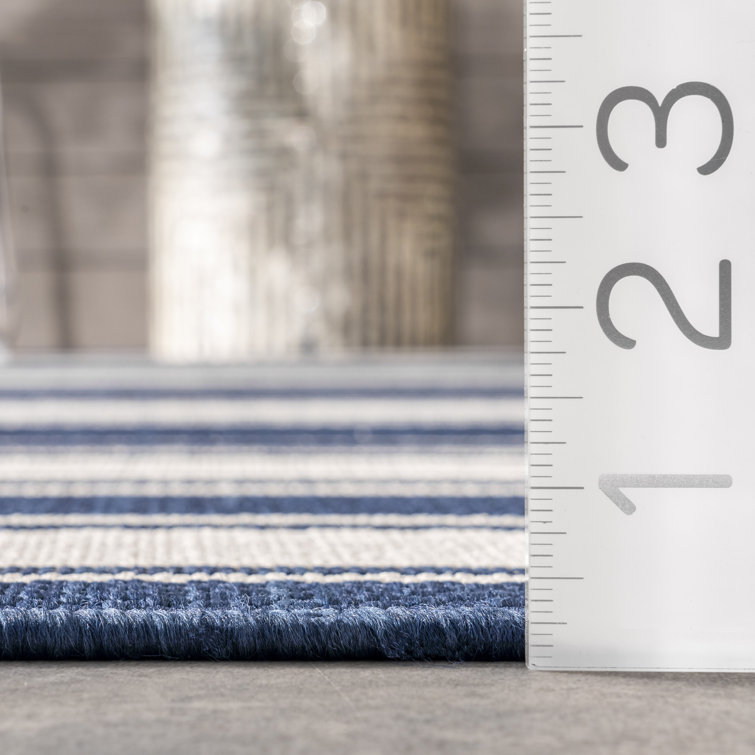 Navy and White Striped Synthetic Rectangular Area Rug 2' x 3'