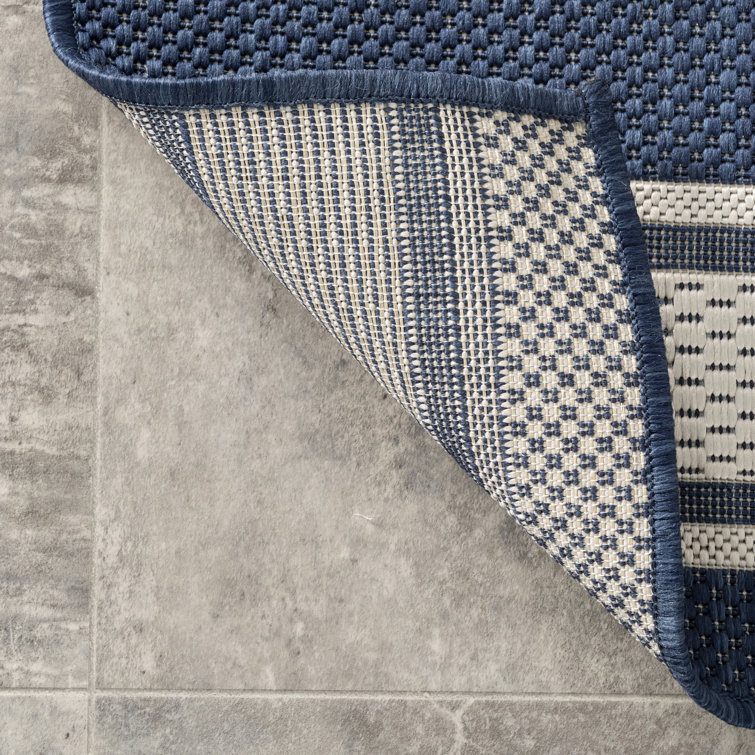 Navy and White Striped Synthetic Rectangular Area Rug 2' x 3'