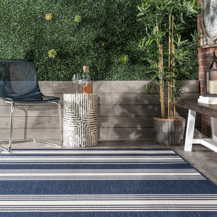 Navy and White Striped Synthetic Rectangular Area Rug 2' x 3'