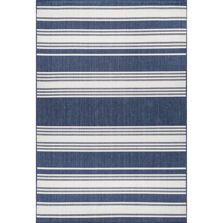 Navy and White Striped Synthetic Rectangular Area Rug 2' x 3'