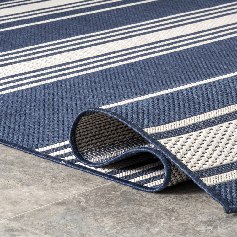 Navy and White Striped Synthetic Rectangular Area Rug 2' x 3'