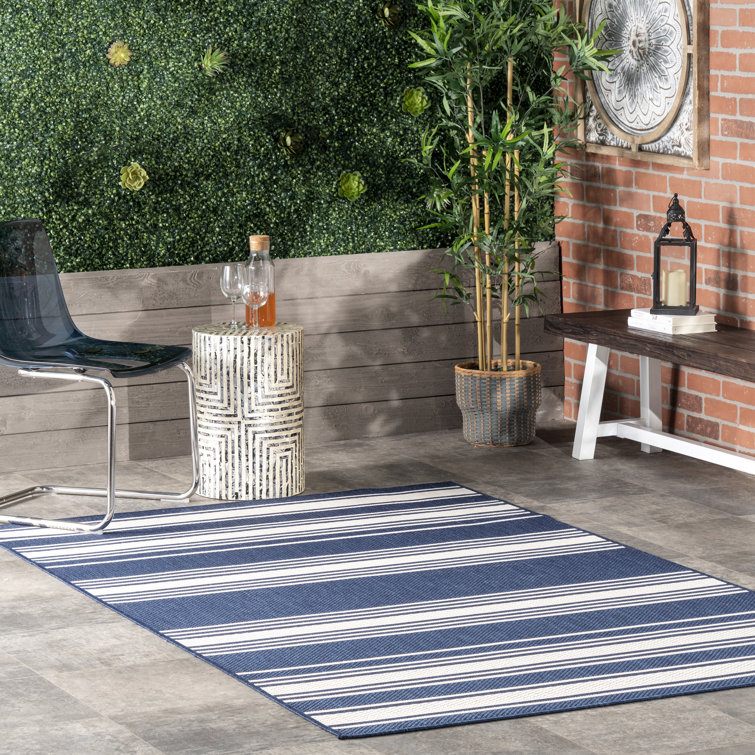 Navy and White Striped Synthetic Rectangular Area Rug 2' x 3'