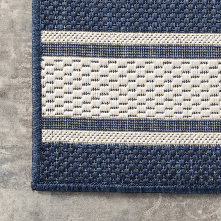 Navy and White Striped Synthetic Rectangular Area Rug 2' x 3'