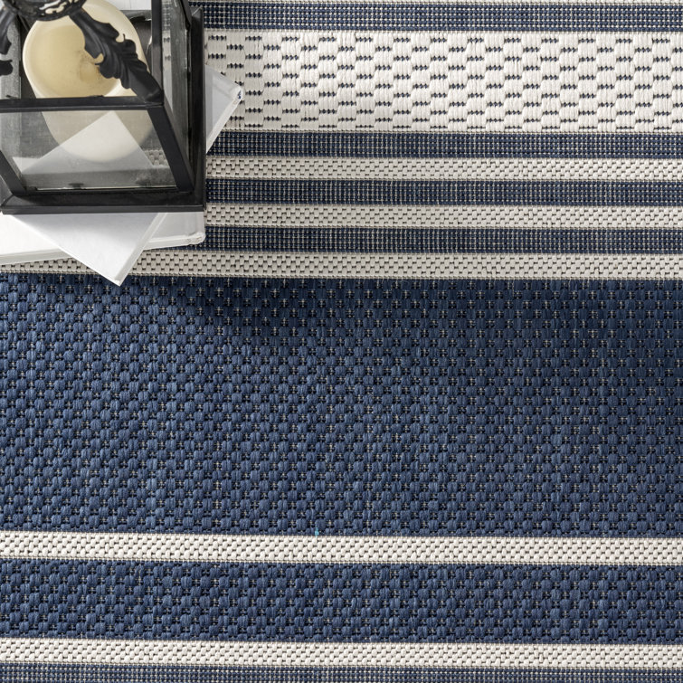 Navy and White Striped Synthetic Rectangular Area Rug 2' x 3'