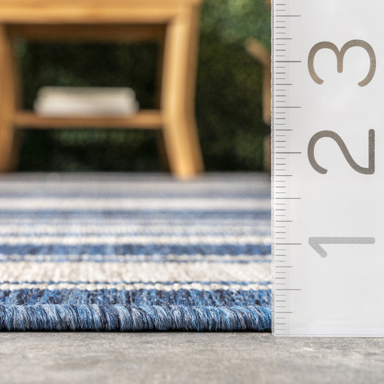 Blue and White Striped Synthetic Indoor/Outdoor Rug