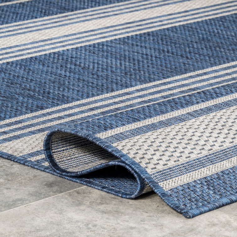 Blue and White Striped Synthetic Indoor/Outdoor Rug