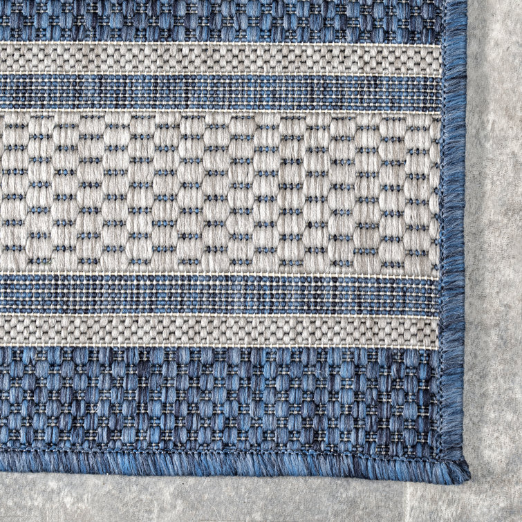 Blue and White Striped Synthetic Indoor/Outdoor Rug