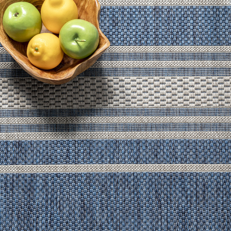 Blue and White Striped Synthetic Indoor/Outdoor Rug