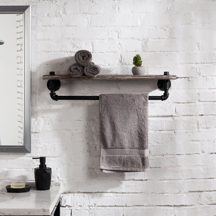 Rustic Torched Wood Wall Shelf with Black Metal Towel Bar