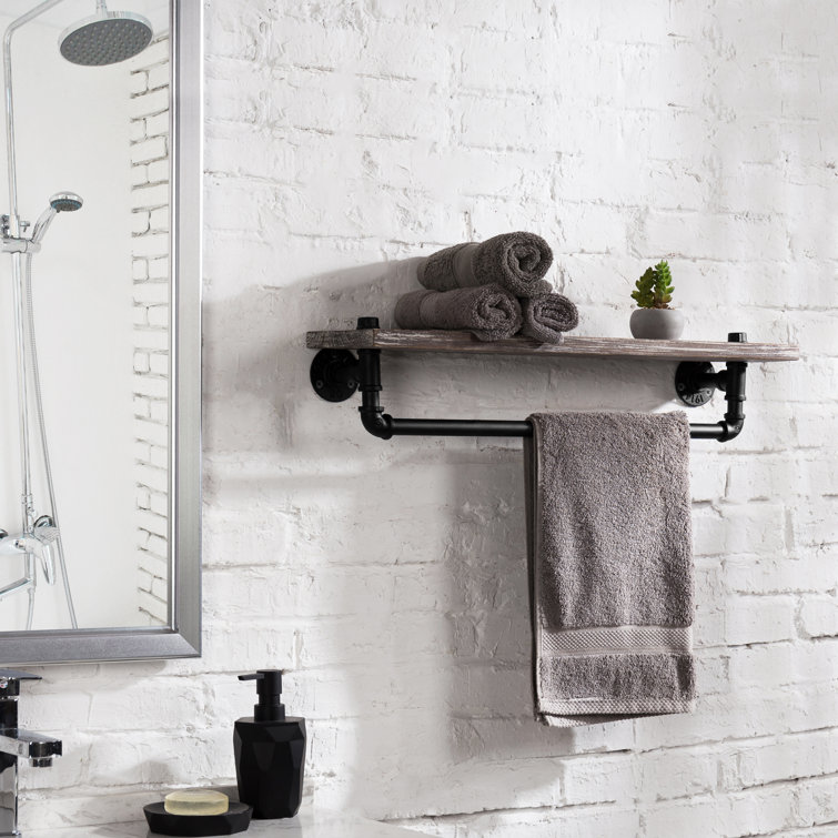 Rustic Torched Wood Wall Shelf with Black Metal Towel Bar
