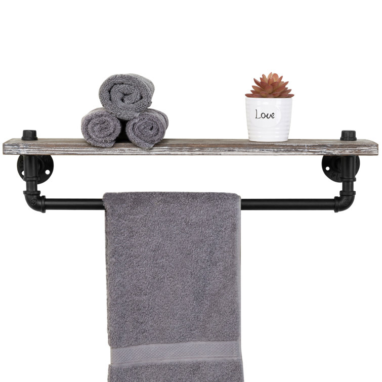 Rustic Torched Wood Wall Shelf with Black Metal Towel Bar