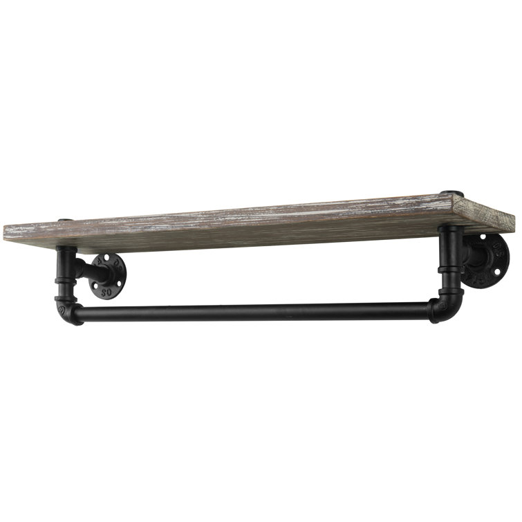 Rustic Torched Wood Wall Shelf with Black Metal Towel Bar