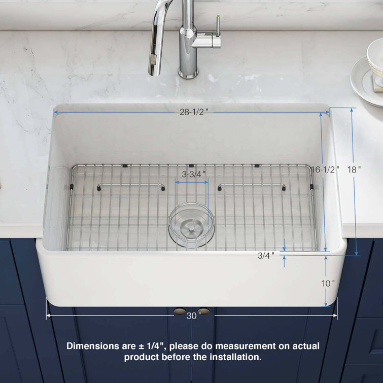 30" White Fireclay Farmhouse Kitchen Sink with Bottom Grid and Strainer