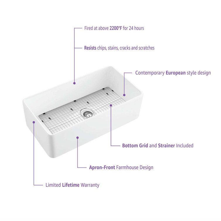30" White Fireclay Farmhouse Kitchen Sink with Bottom Grid and Strainer