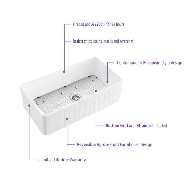 Elegant White Fireclay Farmhouse Kitchen Sink with Grid and Strainer