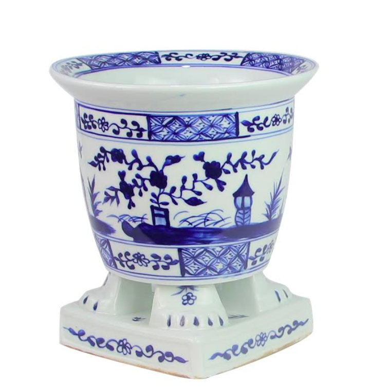 Hand-Painted Dark Blue Ceramic Footed Planter