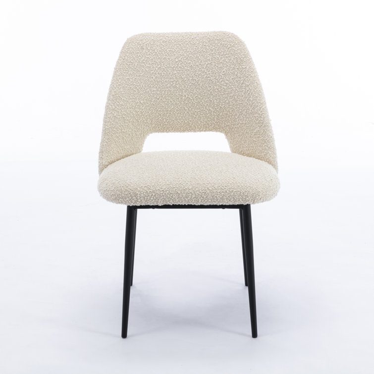 White Boucle Upholstered Side Chair with Metal Legs, Set of 2