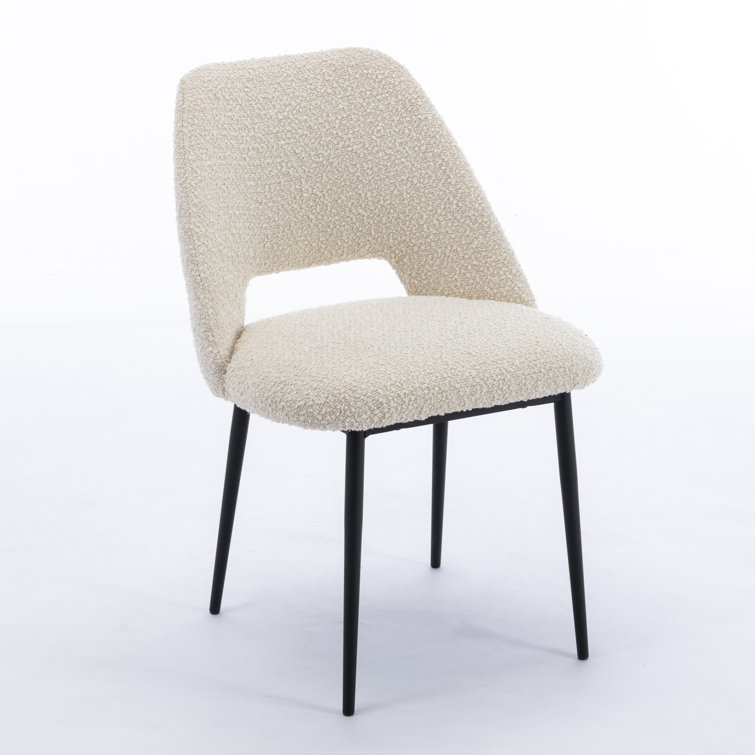 White Boucle Upholstered Side Chair with Metal Legs, Set of 2