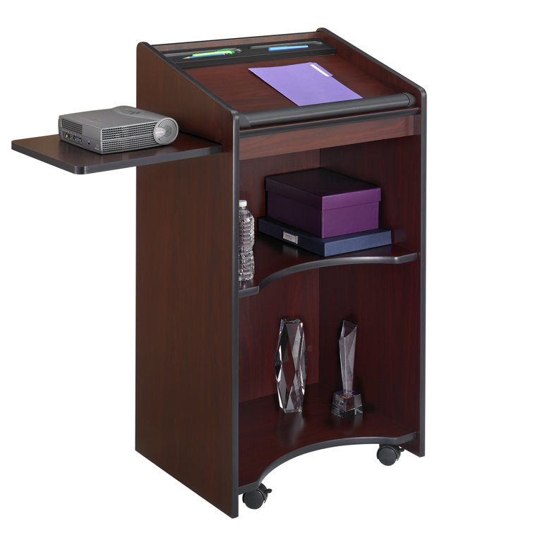 Mahogany Executive Mobile Lectern with Wheels and Side Shelf