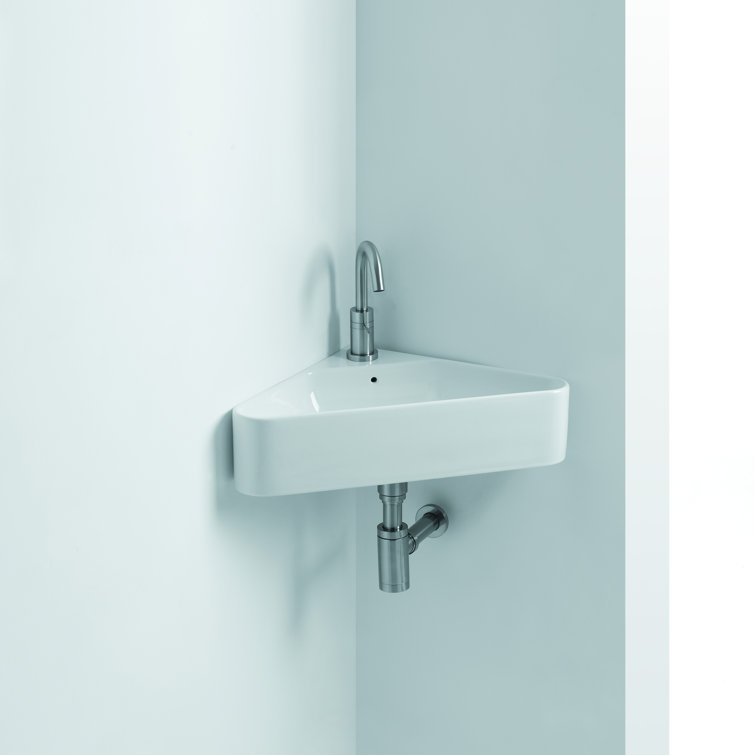 Glossy White Ceramic Corner Wall-Mount Vessel Sink