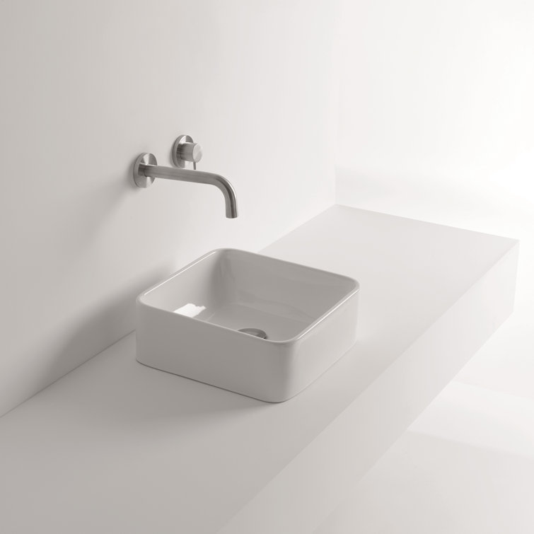 Modern 14'' Glossy White Square Ceramic Vessel Bathroom Sink