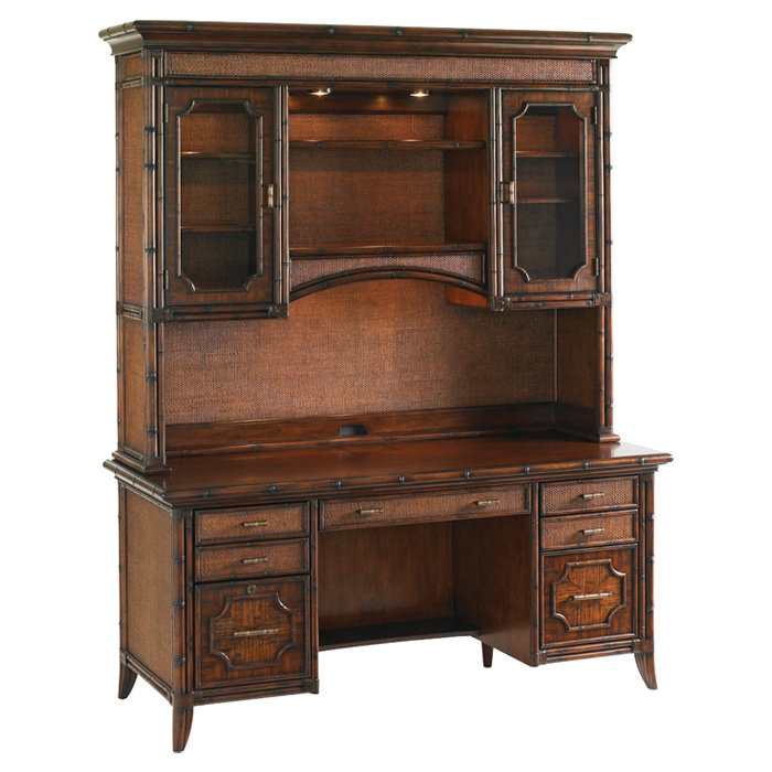 Brown Rattan Transitional Home Office Desk with 4 Drawers