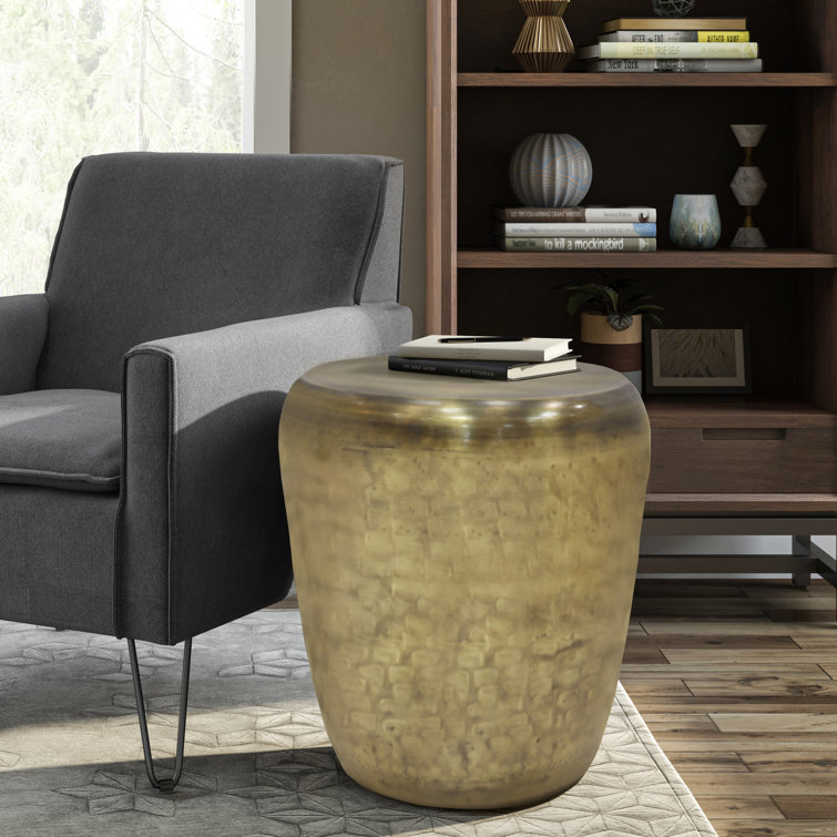 Antique Gold 20" Round Metal Drum Side Table
