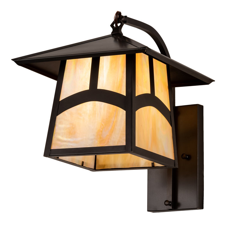 Craftsman Brown Solid Brass Moose Lantern Sconce with Beige Glass