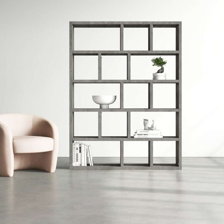Berlin 5-Tier Wide Bookcase with Concrete Finish and Cubbyholes