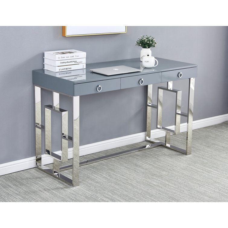 Luxe White High Gloss 47" Writing Desk with Stainless Steel Frame & Drawers