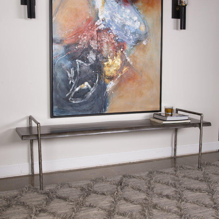 Chandos 76" Tarnished Silver Iron Frame with Dark Gray Acacia Wood Bench
