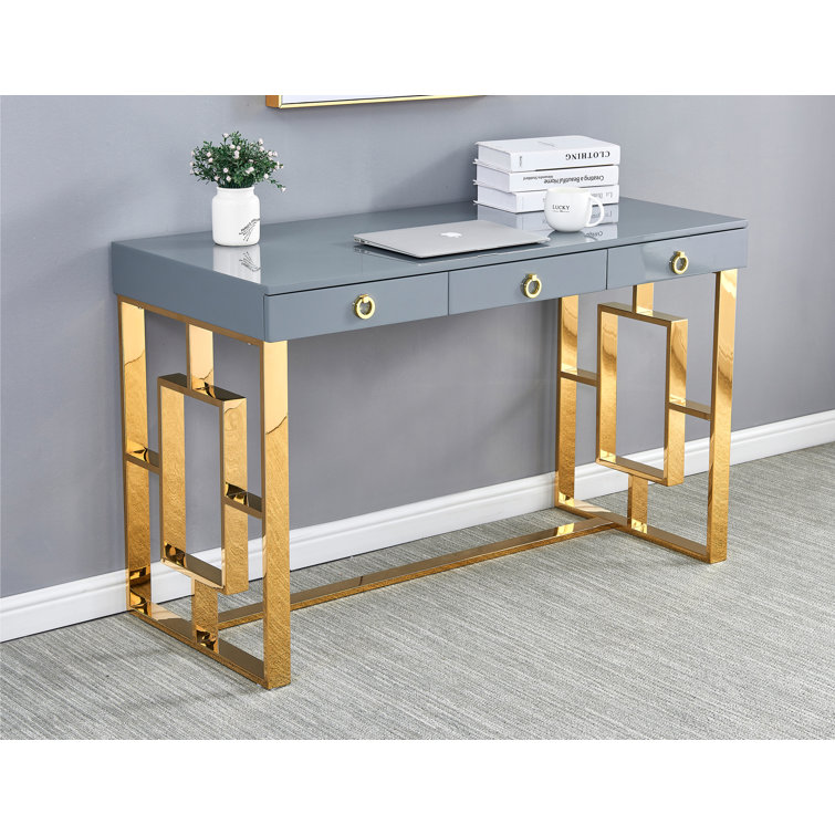 Luxe White High Gloss 47" Writing Desk with Stainless Steel Frame & Drawers