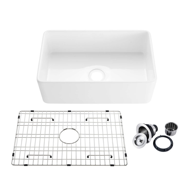 30" White Fireclay Farmhouse Kitchen Sink with Bottom Grid and Strainer