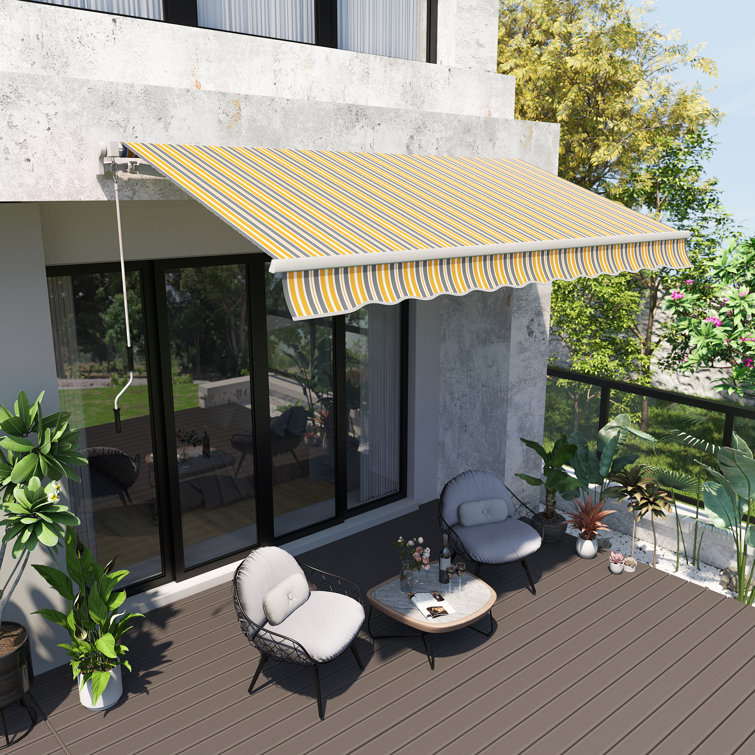 Yellow and Grey Striped Retractable Patio Awning with Aluminum Frame