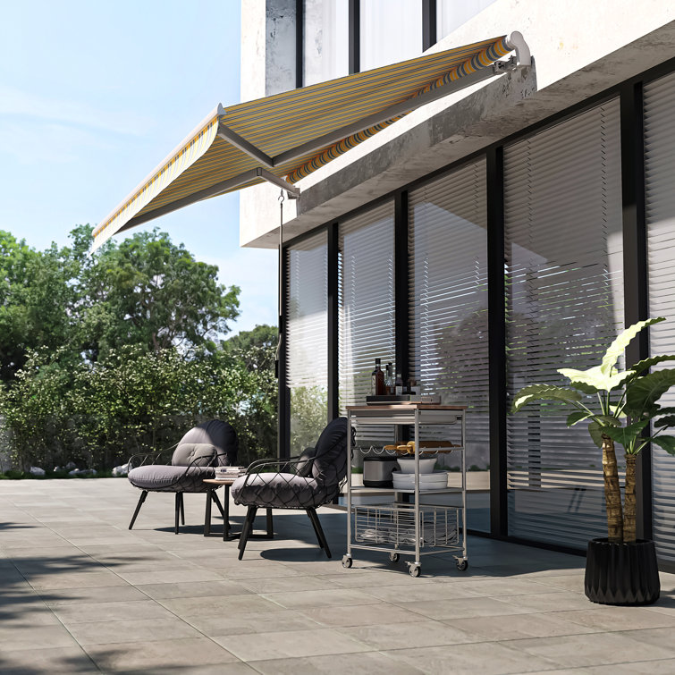 Yellow and Grey Striped Retractable Patio Awning with Aluminum Frame