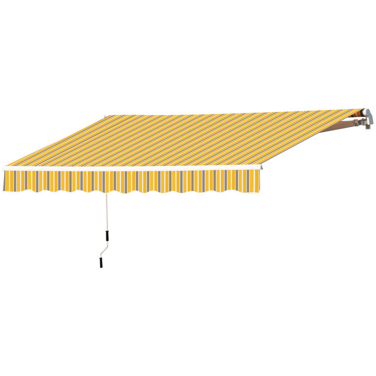 Yellow and Grey Striped Retractable Patio Awning with Aluminum Frame