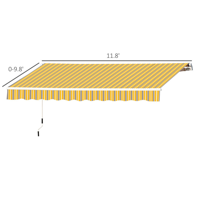 Yellow and Grey Striped Retractable Patio Awning with Aluminum Frame